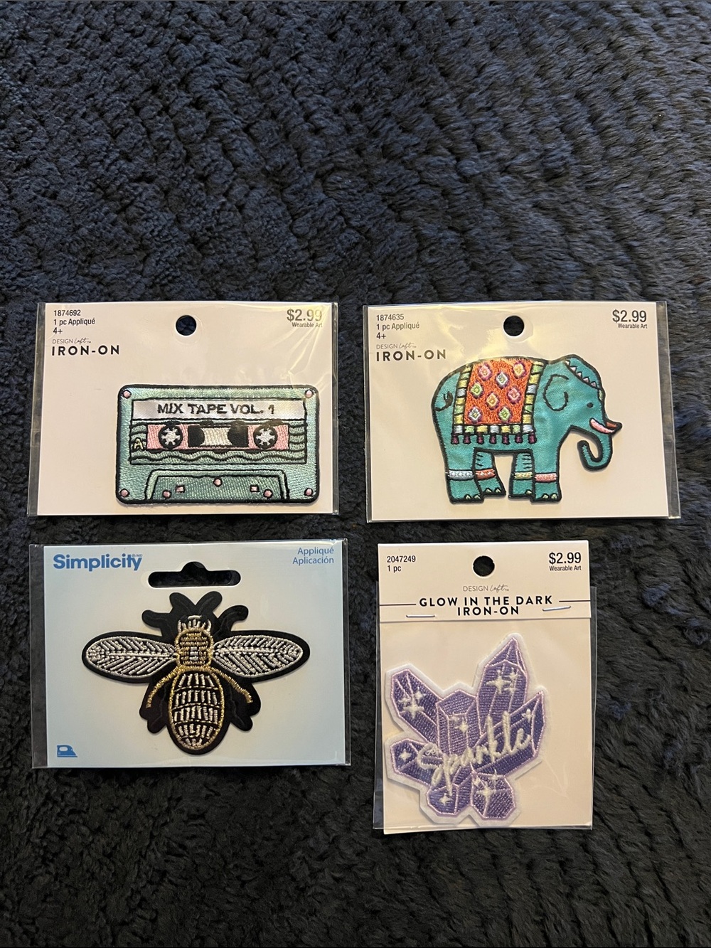 Simplicity Turquoise Mix Tape, Elephant, Bee & Purple Crystal Iron-On Patch Set
